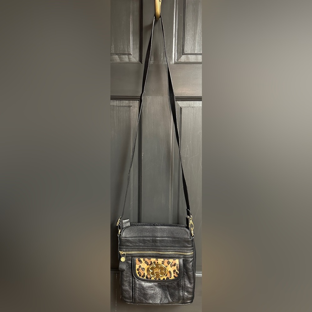 Emma Fox Black Leather & Animal Print Crossbody Bag Nice Size 9”x8”x3”